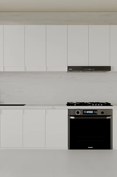 Modern White Kitchen Interior With White Cabinets Black Oven Sink And Range Hood 3d model