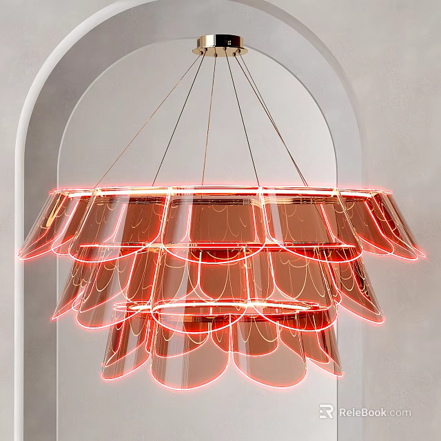 Modern Multi Layered Chandelier With Orange Neon Lights And Petal Shaped Structure Design 3d model 