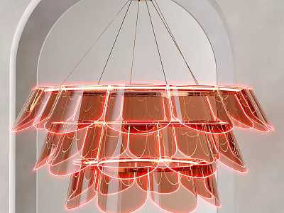 Modern Multi Layered Chandelier With Orange Neon Lights And Petal Shaped Structure Design 3d model