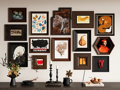 Multiple Abstract Paintings On Interior Wall In Various Frames Diverse Styles And Decorative Elements 3d model