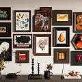 Multiple Abstract Paintings On Interior Wall In Various Frames Diverse Styles And Decorative Elements 3d model