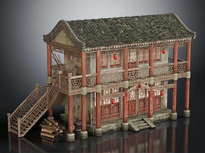 Ancient Two Story Building With Tiled Roof Wooden Pillars Red Decorated Doors Windows And Staircase 3d model