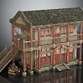 Ancient Two Story Building With Tiled Roof Wooden Pillars Red Decorated Doors Windows And Staircase