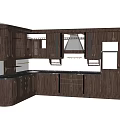 Dark Brown Wooden Kitchen Cabinets L Shaped Design With Countertop And Range Hood