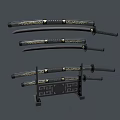 Traditional Samurai Swords with Black Handles Gold Decorations Sheaths and Decorative Stand with Circular Emblem