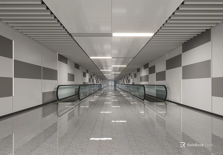 Modern Station Interior Featuring Gray And White Walls Smooth Floor Bright Lighting And Escalators 3d model 