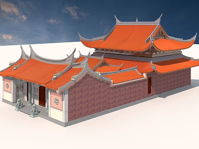 Traditional Ancient Chinese Architecture With Orange Tiled Roof And Upturned Eaves 3d model