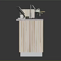 Wooden Striped Design Counter With BOTANIQ Sign Faucet Coffee Machine And Cup