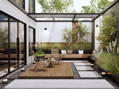 Courtyard Garden Design With Wooden Deck Outdoor Seating Green Plants Stone Pathway And Warm Lighting 3d model