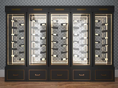 Elegant Dark Wine Cabinet With Glass Doors Multiple Wine Racks And Gold Accents 3d model