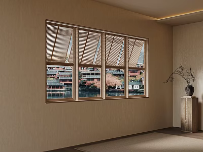 Traditional Japanese Room With Wooden Lattice Windows Exterior View And Vase Decor 3d model