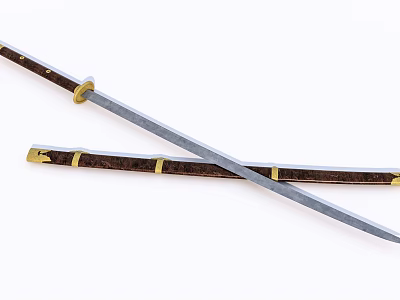 Traditional Swords With Wooden Handles Golden Accents Crossed Sharp Metal Blades 3d model