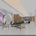 Lounge Area Interior Design With Comfortable Chairs Tables Green Plants Blue Screen And Display Shelves