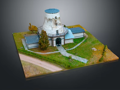 Rural Self-built House With White Tower-like Main Building Blue Roof Auxiliary Buildings Green Lawn And Pathway 3d model