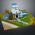 Rural Self-built House With White Tower-like Main Building Blue Roof Auxiliary Buildings Green Lawn And Pathway