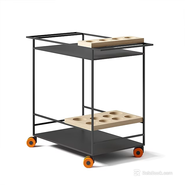 Mobile Three Tier Storage Shelf With Wooden Trays And Orange Wheels 3d model 