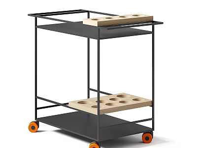 Mobile Three Tier Storage Shelf With Wooden Trays And Orange Wheels 3d model