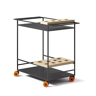 Mobile Three Tier Storage Shelf With Wooden Trays And Orange Wheels 3d model