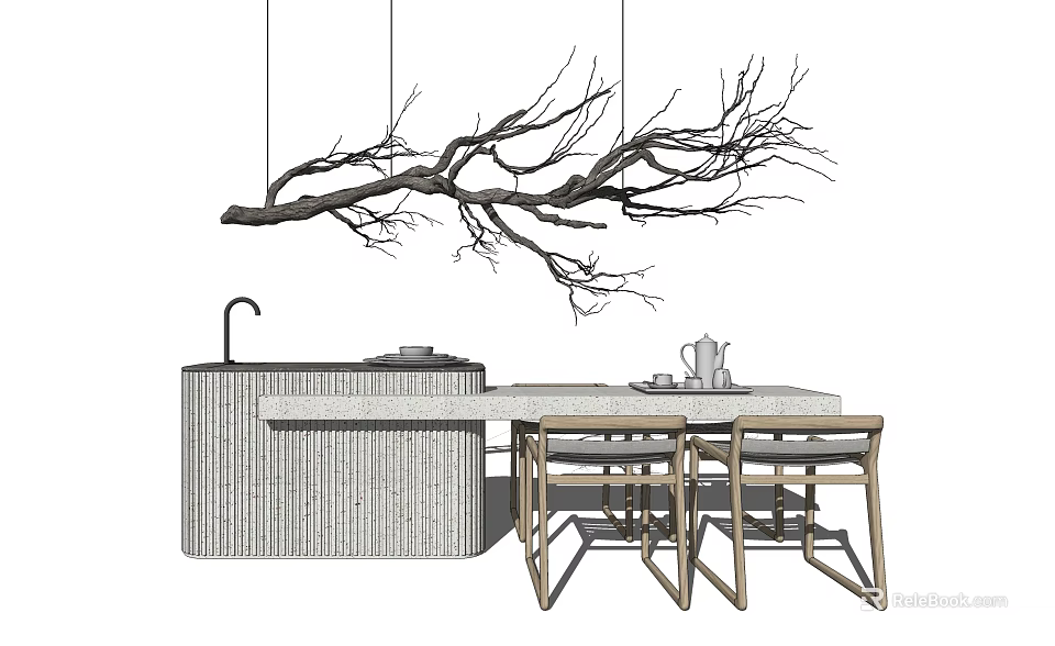 Modern Dining Table Set With Wooden Chairs And Branch Shaped Pendant Light 3d model 