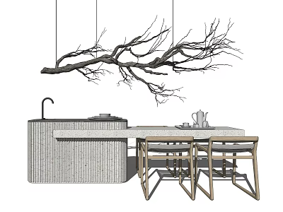 Modern Dining Table Set With Wooden Chairs And Branch Shaped Pendant Light 3d model