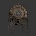 Rusted Mechanical Weapon With Gear Structure Metal Stand And Cylindrical Barrel 3d model