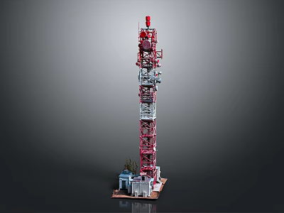 Red and White Communication Tower Equipment with Steel Frame and Small Buildings at the Base 3d model