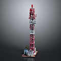 Red and White Communication Tower Equipment with Steel Frame and Small Buildings at the Base
