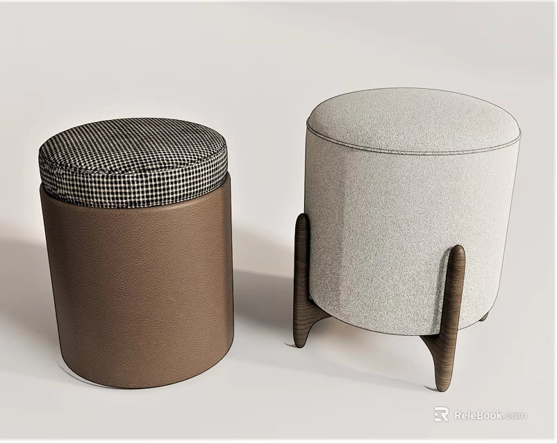 Modern Brown Leather And Light Gray Fabric Ottomans With Checkered Cushion And Wooden Legs 3d model 