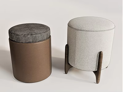 Modern Brown Leather And Light Gray Fabric Ottomans With Checkered Cushion And Wooden Legs 3d model