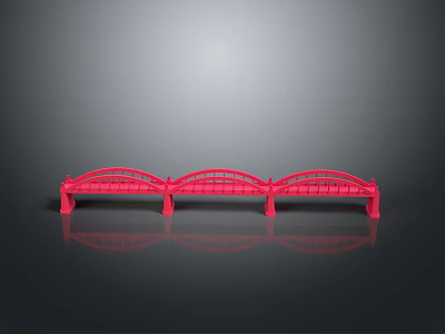 Red Bridge Model With Triple Arch Design And Reflection On Gray Background 3d model