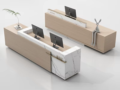 Modern Reception Desks With Marble Tops Wooden Bodies Computer Monitors And Decorative Accents 3d model