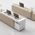 Modern Reception Desks With Marble Tops Wooden Bodies Computer Monitors And Decorative Accents