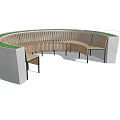 Outdoor Landscape Seating Curved Wooden Design With Person Sitting And Green Trees