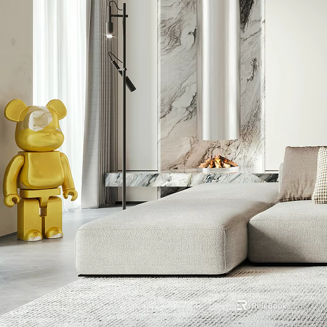 Modern Living Room With Light Gray Sofa Golden Bear Sculpture And Marble Fireplace 3d model 