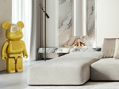 Modern Living Room With Light Gray Sofa Golden Bear Sculpture And Marble Fireplace 3d model