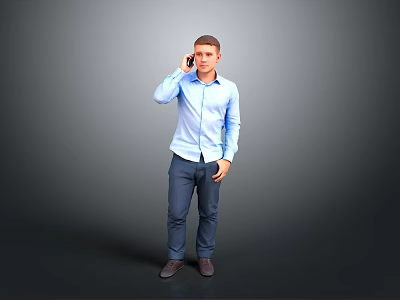 A Man Talking on the Phone in Blue Shirt and Dark Pants Against Gray Background 3d model