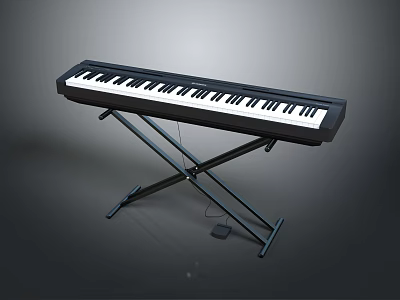 Black Digital Electronic Keyboard Musical Instrument Placed On X Shaped Stand With Gray Background 3d model