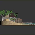Tropical Scenic View With Sandy Beach Thatched Hut Palm Trees Green Bus And Wooden Bridge