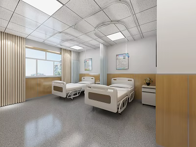 Modern Hospital Ward Interior With Two Beds Wooden Walls Windows Curtains And Nightstand 3d model