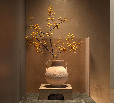 Elegant Ceramic Vase With Yellow Berry Branches On Wooden Stand Decor 3d model