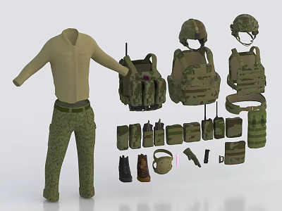 Military Tactical Clothing Set With Long Sleeve Shirt Camouflage Pants Vests Helmets And Gear 3d model