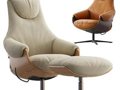 Modern Accent Chair Beige Fabric with Ottoman Brown Leather Armrest Metal Base 3d model