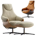 Modern Accent Chair Beige Fabric with Ottoman Brown Leather Armrest Metal Base
