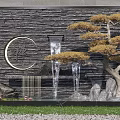 Scenic Feature Wall With Waterfall Circular Ornament Pine Tree Stones And Grass