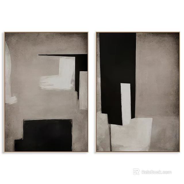 Two Piece Abstract Art Frames With Black White Gray Geometric Patterns 3d model 