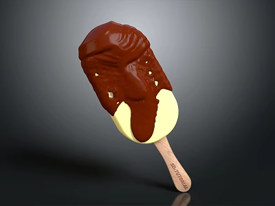 Creamy Yellow Ice Cream Bar With Dripping Chocolate Coating On Wooden Stick 3d model