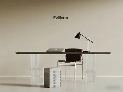 Modern Home Office Desk With Black Tabletop Clear Legs Laptop Table Lamp And Chair 3d model
