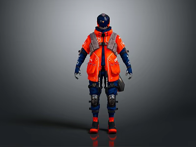 Futuristic Character In Orange Blue Protective Gear With Mechanical Creature Companion 3d model