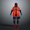 Futuristic Character In Orange Blue Protective Gear With Mechanical Creature Companion