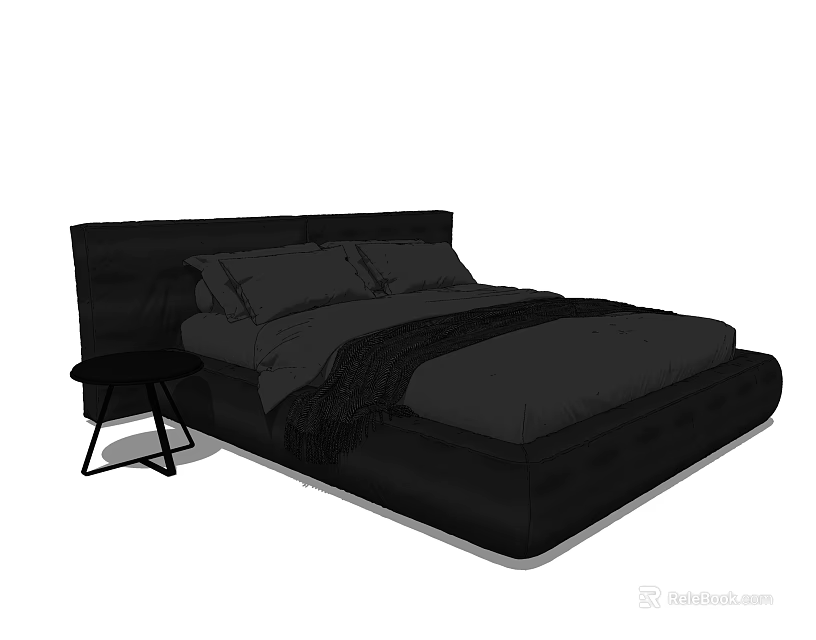 Modern Double Bed Design with Upholstered Headboard and Small Nightstand 3d model